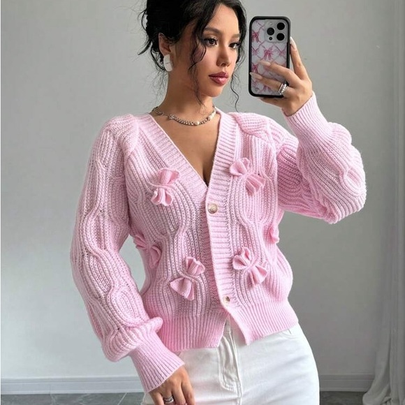 SHEIN Sweaters - Elegant V-neck Long Sleeve Knitted Sweater With 3D Bow tie